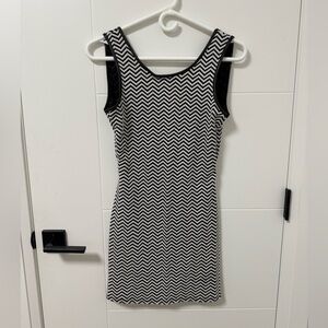 Black and White Chevron Dress with Faux Leather Trim and low back
